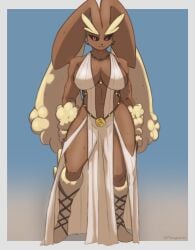 1girls boots breasts brown_hair bunny_ears bunny_girl dark_skin dress full_body jewelry knee_boots large_breasts long_hair lopunny necklace nintendo no_bra no_panties pokemon pokemon_(species) red_eyes solo standing tagme