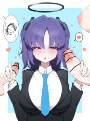 1boy 2girls balls big_breasts big_penis blue_archive blush futa futa_is_bigger futanari gloves handjob mono necktie sensei_(blue_archive) size_comparison size_difference veiny_penis yuuka_(blue_archive)