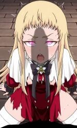 ai_generated blonde_hair defeated_female exposed_breasts from_above looking_at_penis looking_up mariabell_rosso penis_shadow petite_body petite_female pink_eyes ripped_clothing small_breasts sweatdrop tensei_shitara_slime_datta_ken that_time_i_got_reincarnated_as_a_slime torn_clothes