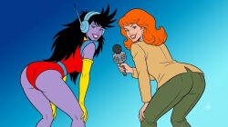 2girls ai ai-created ai_generated ass ass_focus blue_background close-up clothing female female_focus filmation filmation's_ghostbusters fully_clothed futura ghost google google_gemini jessica_wray seductive seductive_look seductive_smile squatting teasing