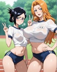 2girls ai_generated belly_button black_hair bleach blue_buruma blush blushing breasts buruma covered_nipples crop_top curtained_hair erection_under_clothes female_only folded_ponytail glasses gym_uniform hand_on_hip heavy_breathing ise_nanao large_breasts long_hair mole mole_under_mouth motion_lines navel notreallyhere open_mouth orange_hair outdoors parted_bangs peace_sign pout rangiku_matsumoto running_track see-through_clothing short_hair short_sleeves sidelocks smile standing sweat tight_clothing v-shaped_eyebrows v_sign