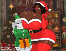 2girls background blue_eyes breasts breasts_bigger_than_head brown_hair captainxero christmas christmas_background christmas_outfit costume dark dark-skinned_female elf_costume elf_ears face_against_breast face_to_breasts female female_only forsakun gift_box glasses green_eyes holidays huge_breasts huge_thighs massive_breasts multiple_girls one_eye_closed original original_character peace_sign robot robot_girl robot_humanoid santa_costume santa_hat thick_lips thick_thighs thighs