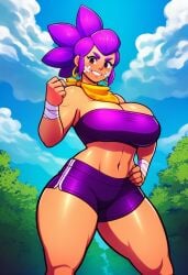 1female 1girl 1girls ai ai_art ai_generated athletic athletic_female bandages big_ass big_breasts big_tits bigger_female brawl_stars curvy curvy_figure female female_human female_only handkerchief novelai purple_hair shelly_(brawl_stars) solo solo_female tendrils