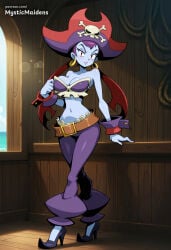 1girl ai_generated anime anime_style bare_shoulders belt blue_skin blush breasts capcom cleavage colored_skin earrings full_body hat hentai hi_res high_heels hoop_earrings jewelry large_breasts looking_at_viewer midriff mystic_maidens navel pants patreon pirate pirate_hat purple_hair red_eyes risky_boots shantae shantae_and_the_pirate's_curse shoes solo standing web_address wrist_cuffs