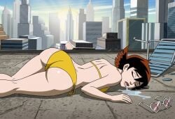 1girl 1girls ass ass_focus backshots bikini brown_hair butt butt_focus city city_background damsel_in_distress defeated defeated_heroine distress distressed distressed_expression drool drool_string drooling eyes_closed fat_ass fat_butt female female_focus female_only half-dressed half_naked half_nude janet_van_dyne knocked_out marvel marvel_comics open_mouth passed_out saliva saliva_drip saliva_string saliva_trail short_hair sleeping the_avengers:_earth's_mightiest_heroes thick thick_ass thick_butt thick_legs thick_thighs wasp_(earth's_mightiest_heroes) wasp_(marvel)