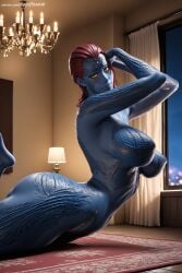 1girl ai_generated blue_skin breasts hi_res high_quality high_resolution indoors large_breasts looking_at_viewer lying marvel monster_girl mystique nipples patreon red_hair scales seductive sexy short_hair solo spicytoonai uncensored watermark window yellow_eyes