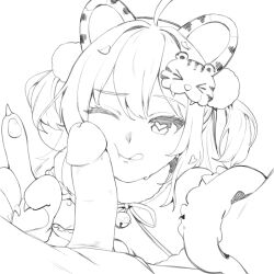 1boy 1girls animal_ear_hairband animal_ears bell bell_collar cat_gloves fang_guu heart-shaped_pupils indie_virtual_youtuber looking_up monochrome one_eye_closed paws penis penis_on_face pov thernz tiger_ears tongue_out virtual_youtuber vtuber