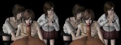 1boy 3d 3girls asian asian_female dark-skinned_male dark_skin eye_contact fatal_frame fatal_frame_4 female interracial madoka_tsukimori minazuki_ruka misaki_aso oral pov ruka_minazuki stereogram xnalara