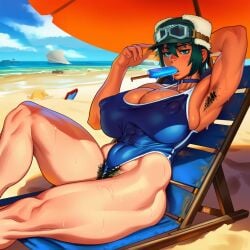 1girls 2d ai_generated armpit_hair armpits ass beach beach_chair beach_umbrella big_ass big_breasts big_butt big_thighs blue_one-piece_swimsuit breasts choker cleavage cloud covered_nipples day excessive_pubic_hair female female_only female_pubic_hair food goggles goggles_on_head hairy_armpits hairy_pussy hat huge_breasts kino kino_no_tabi large_ass large_breasts large_butt large_nipples large_thighs looking_at_viewer muscles muscular muscular_female nipple_bulge nipples nipples_visible_through_clothing ocean one-piece_swimsuit onilapper outdoors popsicle pubic_hair pubic_hair_peek puffy_nipples sand short_hair sitting sky solo solo_female sweat swimsuit tan tanlines thick_ass thick_butt thick_thighs thighs tomboy umbrella