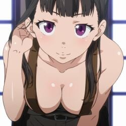accurate_art_style bare_shoulders belt belt_buckle big_breasts black_hair breasts enen_no_shouboutai female female_focus female_only fire_force long_hair looking_at_viewer maki_oze muscular muscular_female oze_maki purple_eyes screencap screenshot_edit smile smiling_at_viewer tank_top