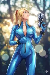 1girls ai_generated alternate_version_available artist_request big_breasts blonde_female blonde_hair blue_bodysuit bodysuit breasts cleavage female female_only gloves green_eyes gun holding_object holding_weapon long_hair looking_up metroid nintendo paralyzer_(gun) pistol ponytail red_hair_tie samus_aran solo source_request standing unzipping weapon zero_suit zipper