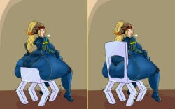 ass_bigger_than_head ass_focus bel_(beltorchika12) beltorchika12 big_ass big_belly blue_bodysuit blue_outfit chair_breaking clinkoclinko female female_focus female_only head_piece oc post_vore satisfied satisfied_look sequence smiling vore vore_belly weight_gain