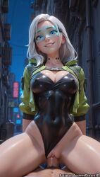 1boy ai_generated ashe_(league_of_legends) black_leotard blue_eyes breasts cleavage clitoris clothing_aside covered_navel covered_nipples cowgirl_position cropped_jacket cyberpunk female female_pubic_hair goggles jacket large_breasts league_of_legends leotard leotard_aside looking_at_viewer male_pubic_hair meitabuu night open_clothes open_jacket outdoors penis pov pubic_hair pussy riot_games sex smile solo_focus spread_legs straddling straight teeth tinted_eyewear uncensored vaginal_penetration visor white_hair
