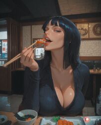 00006-20138785 ai_generated aisinful ass big_ass big_breasts big_butt black_hair blush bowl breasts chopsticks cleavage eating female female_only food hi_res holding holding_chopsticks large_breasts lips long_hair meat medium_breasts nico_robin noodles one_piece plate ramen solo thick_thighs wide_hips