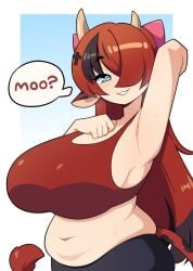1girls aqua_eyes arm_behind_head belly big_breasts black_highlights blue_eyes commission cow_ears cow_girl cow_horns cow_tail dialogue english_text female female_only grin grinning_at_viewer hair_over_one_eye hair_ribbon hi_res highlights_(coloring) horns j5daigada large_breasts long_hair looking_at_viewer red_hair slightly_chubby smiling smiling_at_viewer solo speech_bubble tail topwear