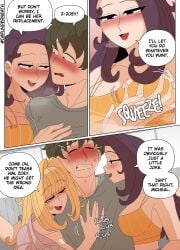 1boys 2girls blonde_female blonde_hair breast_grab brush comic disguise ellie_(impunderneath) ellie_skinsuit ellie_skinsuit_seven english_text female impersonation imposter impunderneath long_hair original original_character page_22 possessed possession story