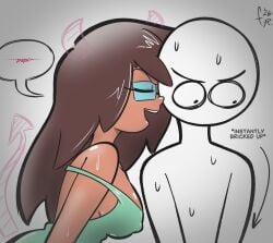 1boy 1girls assertive assertive_female brown_hair brown_skinned_female covered_nipples erect_nipples erection fernal-scarlet flirting fondly_scarlet glasses imminent_sex implied_erection large_breasts latina latina_female long_hair mocha_(fernal-scarlet) nipples_visible_through_clothing sideboob spanish_dialogue voluptuous voluptuous_female whispering