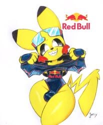 1boy anthro artist_name black_sclera bulge clenched_teeth femboy furry jony_chu leotard looking_at_viewer male male_only max_verstappen meme_clothing pikachu pokemon pokemon_(species) racing_suit red_bull redbull_leotard sharp_teeth signature simple_background smile solo source_request tail thick thick_thighs thighs traditional_media_(artwork) white_background yellow_fur