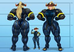 bel_(beltorchika12) beltorchika12 blonde_hair blue_bodysuit bodysuit female female_focus front_view headpiece hyper_muscles jpeg large_thighs larger_female metric_units muscle_growth muscular muscular_female oc reference_sheet testground thick_thighs