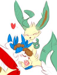 bluestorm blush closed_eyes cum cum_in_mouth cum_inside eeveelution fellatio heart leafeon nintendo nvaardscoft oral pokemon pokemon_(species) sex shaymin video_games