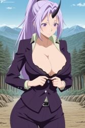 ai_generated belt black_bra black_jacket bra breasts cleavage collarbone day digitalwaifugallery dress_shirt female female_only formal grass hi_res high_quality high_resolution horns jacket large_breasts long_hair long_sleeves looking_at_viewer mountain open_clothes open_shirt outdoors patreon ponytail purple_eyes purple_hair seductive sexy shion_(tensei_shitara_slime_datta_ken) shirt single_horn skirt sky solo suit tensei_shitara_slime_datta_ken uncensored underwear watermark