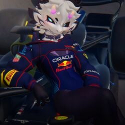 1boy 3d 3d_model anthro artist_request black_sclera blue_eyes character_request collar eyelashes femboy goop horns leotard looking_at_viewer male meme_clothing pirelli racing_suit red_bull sitting solo source_request white_body white_fur white_hair