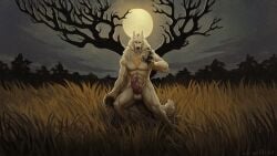 16:9 abs anatomically_correct anatomically_correct_genitalia anatomically_correct_penis animal_genitalia animal_penis anthro balls bara big_penis biped canid canine canine_genitalia canine_penis canis claws coyote cu_sith_(artist) erection fangs field fluffy forest forest_background fur furry genitals grin halloween hi_res holidays knot knotted_penis male male_anthro mammal moon muscular muscular_anthro muscular_male mythological_canine mythological_creature mythology nature nature_background night pecs penis plant sheath sky smile smirk solo teeth tree werecanid werecanine werecreature werewolf widescreen wolf