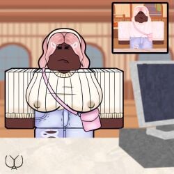 1girls big_breasts black_eyes blocky_body breasts clothed clothing dark-skinned_female dark_skin female female_only hairband jeans large_breasts nipple_bulge nipples nipples_visible_through_clothing npc pink_bag pink_hair reference_image ripped_jeans ripped_pants roblox roblox_game robloxian self_upload solo sweater unamused upyourarsenal