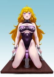 1girls bdsm bondage bound chained_cuffs chains collar english_text female female_only femsub latex latex_bodysuit metal_collar public_exposure public_use pussy_juice revealing_clothes rwby slut steel_bondage text text_on_clothing tight_clothing titjob_potential underboob vibrator vibrator_on_pussy vivi_monsta wand_vibrator yang_xiao_long