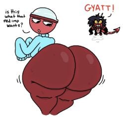 gigi_(dandy's_world) dandy's_world 1futa 1girls big_butt butt medium_breasts breasts red_body red_skin object_head demon demon_girl helluva_boss millie_(helluva_boss) open_mouth voluptuous voluptuous_female nude nude_female :o demon_horns 2026 white_background theslashfive no_panties