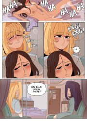 2girls areola big_areola blonde_female blonde_hair breasts brush comic completely_nude completely_nude_female disguise ellie_(impunderneath) ellie_skinsuit ellie_skinsuit_seven english_text female imagining impersonation imposter impunderneath long_hair masturbation nude nude_female original original_character page_12 possessed possession story