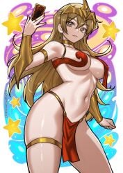 abdomen alexis_rhodes blonde_hair bracelet breasts brown_eyes card collar cosplay curvy dancer dancer_outfit earrings egyptian egyptian_jewelry elemental_hero_burstinatrix female female_only hi_res hips light_skin loincloth long_hair low-angle_view navel one_arm_up painted_nails pose redjet seductive seductive_look semi_nude sideboob smile standing teenager tenjouin_asuka thighhighs thighs tiara wide_hips yu-gi-oh! yu-gi-oh!_gx