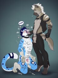 animal_genitalia animal_penis anthro anthro_on_anthro ball_tuft balls belt biped blue_body blue_hair blush bodily_fluids body_tattoo body_writing bottomwear chastity_cage chastity_device claws clothing collar cum cum_while_chaste degradation degrading_tattoo dirty dirty_clothing dirty_socks dominant dominant_male duo ear_piercing ejaculation espressoyeen fangs felid feline finger_in_mouth footwear fur gay gay_male genital_fluids genitals gloves hair hands-free handwear harness heart_symbol hi_res humiliation hyena junkieboi kneeling leash leash_pull leashed_collar male male/male mammal markings multicolored_body myaddib open_mouth pantherine pants penis penis_tip permanent permanent_chastity_device piercing pink_chastity_cage saliva sheath smile snow_leopard sock_fetish socks socks_on_hands spit_fetish spit_in_mouth spitting spitting_in_mouth standing submissive submissive_male tail tattoo teeth text thumb_in_mouth toe_claws tongue tongue_out topwear tuft vest yaoi