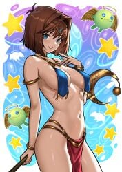 1girls accessory anzu_mazaki belly_dancer blue_eyes blush brown_hair collar cosplay curvy dancer dancer_outfit female female_only fringe gold_jewelry hi_res hips jewelry light_skin lipstick loincloth looking_at_viewer magician_of_faith pose redjet semi_nude side_view smile staff standing tea_gardner teenage_girl teenager teeth veil yu-gi-oh! yu-gi-oh!_duel_monsters