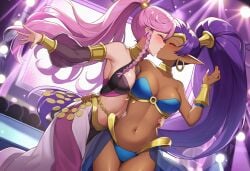 2girls ai_generated alternate_costume arabian_clothes arabian_female bare_legs bare_shoulders big_breasts blush bopitphy bracer breast_press breasts choker cleavage closed_eyes couple crossover dancer dancer_outfit dark-skinned_female dark_skin duo dutch_angle earrings female/female female_only fire_emblem fire_emblem_awakening floating_hair gold_bracer gold_choker gold_jewelry hand_up harem_outfit high_ponytail hoop_earrings hugging interracial interracial_couple interracial_yuri jewelry kissing legs legs_together long_hair love medium_breasts midriff multiple_females multiple_girls mutual_yuri navel neck nintendo olivia_(fire_emblem) pink_hair pointy_ears ponytail public purple_hair revealing_clothes romantic romantic_couple shantae shantae_(character) spotlight standing strapless thighs tiara tied_hair very_long_hair yuri