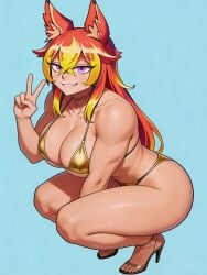 1girls absurd_res ai_generated athletic_female beelce beelce_minita beelce_minita_(vtuber_form) beelceteam beelceverse bikini bikini_top bubble_ass bubble_butt cat_ears curvy_figure darkraiteam feet female female_focus female_only gold_bikini heels hi_res high_resolution looking_at_viewer muscular_female peace_sign posing purple_eyes red_hair rule_63 scar squatting squatting_position suggestive suggestive_look suggestive_pose suggestive_posing tagme thick_ass thick_hips thick_legs thick_thighs toned_body toned_female toned_stomach tongue tongue_out twitch v voluptuous_female wide_hips yellow_hair youtube youtube_hispanic youtuber
