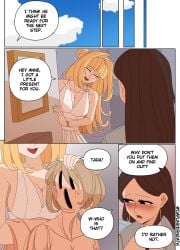 2girls blonde_female blonde_hair cleavage_cutout cleavage_dress cleavage_window comic disguise ellie_(impunderneath) ellie_skinsuit ellie_skinsuit_seven empty_eyes english_text female female_skinsuit hollow_eyes impersonation imposter impunderneath inanimate_transformation long_hair original original_character page_42 possessed possession short_hair skinsuit skinsuit_transformation story suit_transformation transformation white_dress