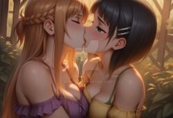 2girls ai_generated alternate_costume aqua_eyes asuna_(sao) bangs bare_shoulders big_breasts black_hair blunt_bangs blush bob_cut bopitphy braid breast_press breasts brown_hair cleavage closed_eyes collarbone couple duo female/female female_only friends hair_ornament hairclip half-closed_eyes kirigaya_suguha kissing light_brown_hair long_hair looking_at_another love medium_breasts multiple_females multiple_girls mutual_yuri neck outdoors plant romantic romantic_couple short_hair sidelocks straight_hair sunset sword_art_online symmetrical_docking upper_body yuri yuuki_asuna
