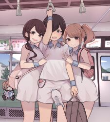 1boy 3girls backpack black_hair black_hair_male femdom footjob footjob_with_footwear footjob_with_one_foot footjob_with_shoes kikiu_bd leaking_cum leaking_precum looking_at_viewer nipple_play one_arm_up open_mouth pov pov_female shoes side_ponytail teasing train vibrator white_shoes