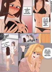 2girls black_underwear blonde_female blonde_hair breast_grab brush comic disguise ellie_(impunderneath) ellie_skinsuit ellie_skinsuit_seven english_text female gender_transformation impersonation imposter impunderneath long_hair original original_character page_27 possessed possession story underwear