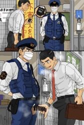 2boys balls big_bulge black_hair blush briefcase bulge bulge_through_clothing bulletin_board bulletproof_vest censor_bar censored censored_penis dark_penis duo erection erection_under_clothes foreskin freaky gay hand_sanitizer handjob hi_res holding_penis imokuma male male/male male_only mask masked mature_male musk musk_clouds necktie original original_character outdoors penis police police_hat police_officer police_station police_uniform pubic_hair public public_exposure public_indecency retracted_foreskin rolled_up_sleeves salaryman shameless short_hair standing steam surgical_mask tiled_wall time_stop uncircumcised uncut unzipped veiny_penis vest wristwatch yaoi