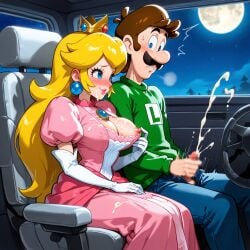 1boy 1girls ai_generated armwear balls blonde_hair blue_eyes blue_pants blush bodily_fluids breast_grab breasts cleavage clothing crown cum cumshot dress duo ear_piercing ejaculation facial_hair female genitals grabbing_breast green_hat green_shirt hand_on_penis in_car light-skinned_female light-skinned_male light_skin long_hair looking_at_another luigi male male/female mario_(series) masturbation mature mature_female mature_male moon nervous night nintendo nipples orgasm penis pink_dress princess princess_peach red_face royalty shirt sitting smile straight testicles voluptuous voluptuous_female white_armwear window
