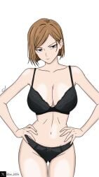 1girls angry black_bra black_panties black_underwear bra brown-haired_female brown_eyes brown_hair hands_on_hips jujutsu_kaisen kugisaki_nobara lean_figure nobara_kugisaki pale_skin panties signature tagme tim_heyderich twitter_username underwear