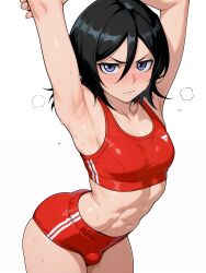 abs ai_generated armpits black_hair bleach bulge buruma futanari kuchiki_rukia looking_at_viewer persicariai simple_background small_breasts sports_bra sportswear stretching tagme white_background