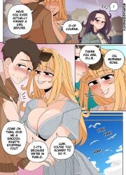 2girls big_breasts blonde_female blonde_hair boob_window breasts cleavage comic disguise ellie_(impunderneath) ellie_skinsuit ellie_skinsuit_seven english_text female impersonation imposter impunderneath long_hair original original_character page_2 possessed possession story