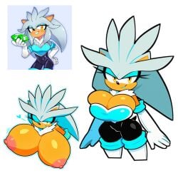 ai_generated bursting_breasts cowboy_shot cunty female_version fur gloves hanging_breasts huge_breasts kimmythefem lipstick looking_at_viewer neck_fur nipples posing reference reference_image rouge_the_bat_(cosplay) rule_63 silver_the_hedgehog slim_waist sonic_(series) sonic_the_hedgehog thick_thighs wide_hips