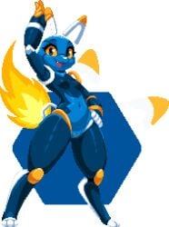 alpha_channel android anthro blue_body digital_media_(artwork) domestic_cat e621 esix felid feline felis female fire flaming_tail genitals gesture hand_on_hip heartfelthusky hexagon machine mammal mascot open_mouth pixel_(artwork) robot robot_anthro simple_background smile solo standing tail transparent_background vulva waving yellow_eyes