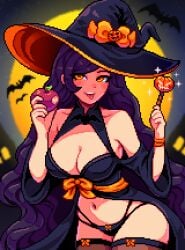 1girls 2024 amber_eyes apple bare_shoulders bats big_breasts black_panties bow_panties breasts cleavage clothed female female_only halloween hat light-skinned_female light_skin looking_at_viewer navel netsu_kazegawa outside panties pixel_art solo thighhighs tongue tongue_out very_long_hair wand witch witch_hat yumykon yumyverse