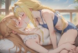 2girls ai_generated alice_zuberg alternate_costume asuna_(sao) asymmetrical_docking bare_arms bare_legs bare_shoulders beach beach_house big_breasts blonde_female blonde_hair blush bopitphy breast_press breasts brown_hair cleavage closed_eyes collarbone couple day duo female/female female_only friends hair_intakes house kissing legs light_brown_hair long_hair love medium_breasts multiple_females multiple_girls mutual_yuri neck ocean outdoors romantic romantic_couple straight_hair sword_art_online sword_art_online:_alicization water yuri yuuki_asuna