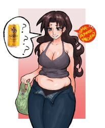 1girl 1girls ? artist_name azumanga_daiou bag bare_shoulders beer beer_can belly_overhang big_breasts black_panties blue_pants breasts brown_eyes brown_hair bubble_ass busty camisole chubby chubby_belly chubby_female cleavage collarbone crop_top curvaceous curvy curvy_female curvy_figure denim eyelashes female female_focus female_only grey_camisole groin hair_behind_ear hi_res high_resolution highres holding holding_bag huge_ass huge_butt jeans large_breasts light-skinned_female light_skin long_eyelashes long_hair midriff mrpumpernickel navel open_pants panties pants parted_lips plump shopping_bag simple_background solo solo_female solo_focus speech_bubble spoken_question_mark stomach tagme tanizaki_yukari thick_thighs thighs underwear very_long_hair voluptuous voluptuous_female yukari_tanizaki